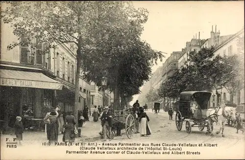Ak Paris X., Avenue Parmentier aux Rues Claude Vellefaux et Albert, Kutsche, Restaurant Callia