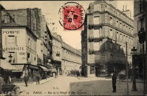 Ak Paris XVI., Rue de la Pompe et Rue Decamps, Liquoriste, Tabac, Pharmacie