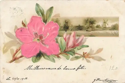 Stoff Ak Blühende Blumen, Dorfpartie, Windmühle