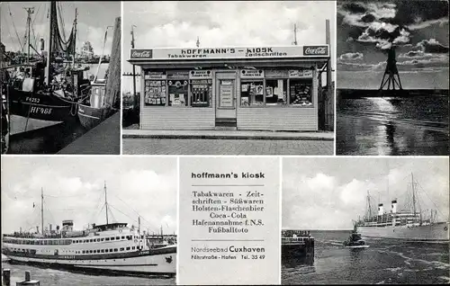 Ak Nordseebad Cuxhaven, Hoffmann's Kiosk, Fährschiff im Hafen, Turm