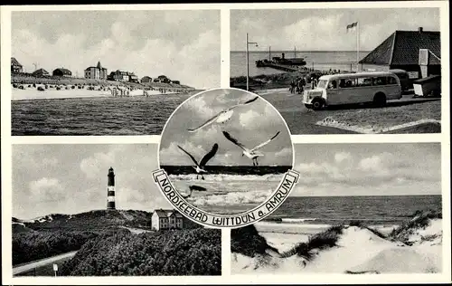 Ak Wittdün auf Amrum Nordfriesland, Leuchtturm, Strand, Dünen, Autobus