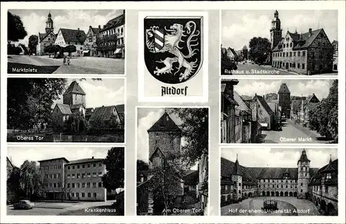 Wappen Ak Altdorf in Mittelfranken, Marktplatz, Oberes Tor, Rathaus, Kirche, Krankenhaus