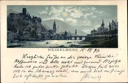 Mondschein Litho Heidelberg am Neckar, Panorama, Neckarbrücke, Schloss