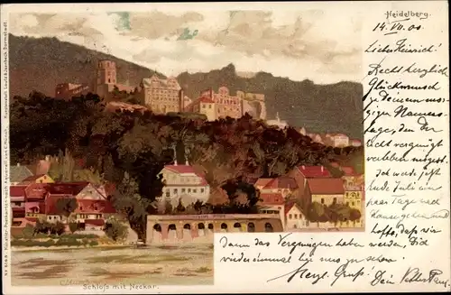 Künstler Litho Münch, C., Heidelberg am Neckar, Schloss mit Neckar