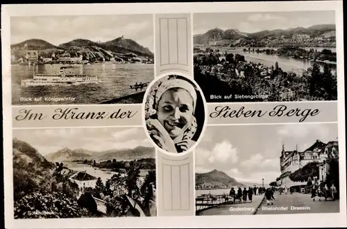 Ak Königswinter am Rhein, Frau in Tracht, Blick auf Siebengebirge, Rolandseck, Godesberg