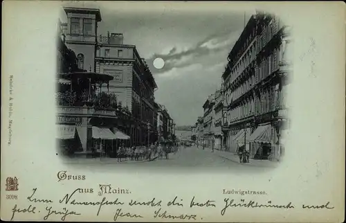 Mondschein Ak Mainz am Rhein, Ludwigstraße bei Nacht