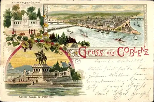 Litho Koblenz am Rhein, Gesamtansicht, Kaiserin Augusta und Kaiser Wilhelm Denkmal