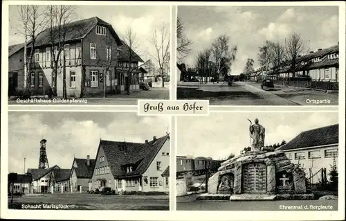 Ak Höfer Eschede in der Lüneburger Heide, Schacht Mariaglück, Ehrenmal der Bergleute, Geschäftshaus