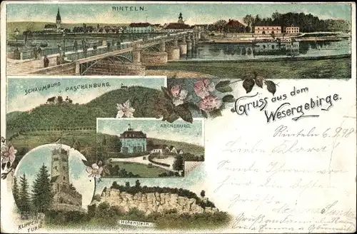 Litho Rinteln an der Weser, Totale, Schaumburg, Paschenburg, Arensburg, Hohenstein, Klippenturm