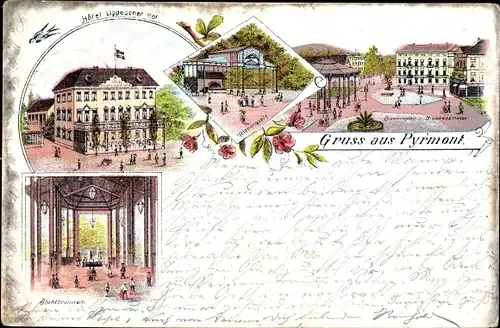 Litho Bad Pyrmont in Niedersachsen, Hotel Lippe'scher Hof, Stahlbrunnen, Helenenquelle, Marktplatz