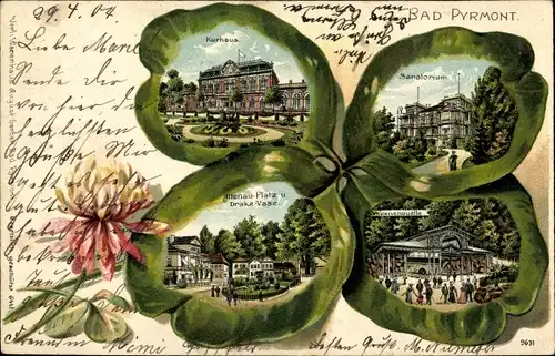 Passepartout Kleebatt Litho Bad Pyrmont in Niedersachsen, Kurhaus, Sanatorium, Drake Vase, Gasthof