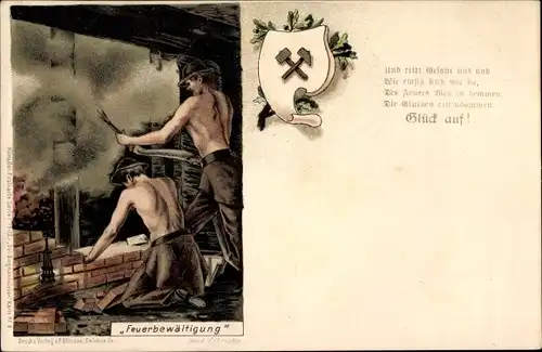 Litho Feuerbewältigung, Feuerwehrmänner beim Löschen