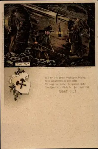 Litho Bergleute im Stollen, Glück auf