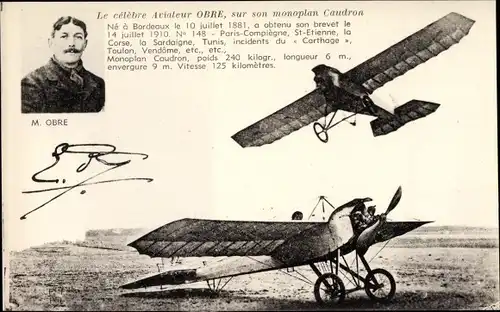 Ak Aviateur Obre, sur son monoplan Caudron, Pilot, Flugpionier