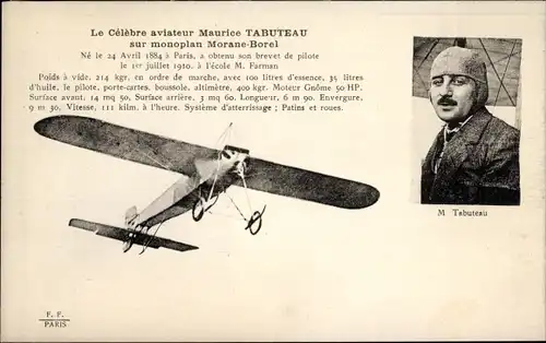 Ak Le Celebre aviateur Maurice Tabuteau sur monoplan Morane-Borel, Flugpionier