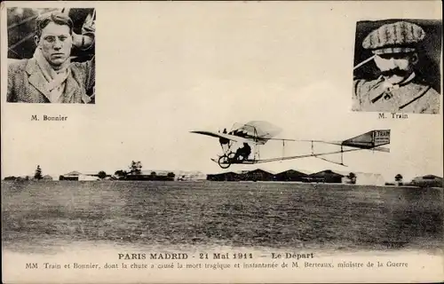 Ak Paris Madrid, 1914, Le Depart, Zivilflugzeug, Flugpionier, M. Bonnier, M. Train