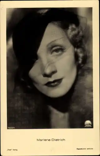 Ak Schauspielerin Marlene Dietrich, Portrait, Hut mit Gesichtsnetz