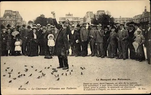 Ak Paris Frankreich, Le Charmeur d'Oiseaux aux Tuileries, Le Banquet des Moineaux