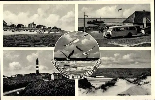 Ak Wittdün auf Amrum Nordfriesland, Leuchtturm, Strand, Dünen, Autobus