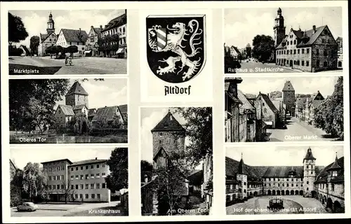 Wappen Ak Altdorf in Mittelfranken, Marktplatz, Oberes Tor, Rathaus, Kirche, Krankenhaus