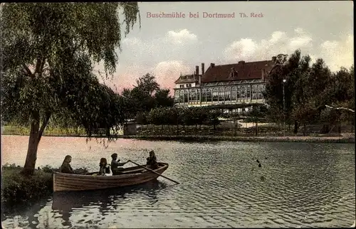 Ak Dortmund im Ruhrgebiet, Buschmühle, Panoramaansicht, Ruderboot