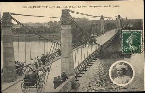 Ak Saint Florent le Vieil Maine et Loire, Le Pont Suspendu sur la Loire, Kutsche