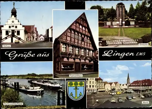 Wappen Ak Lingen im Emsland, Rathaus, Fachwerkhaus, Ehrenmal, Markt, Dortmund Ems Kanal