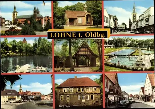 Ak Lohne im Oldenburger Münsterland, Kirche, Waldbad, Burg Hopen, Strassenansicht, Freilichtbühne