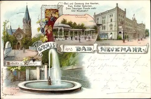 Litho Bad Neuenahr Ahrweiler, Brücke und Kirche, Sprudel, Wandelbahn, Kurhotel