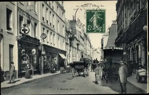 Ak Paris VII. Arrondissement, Rue du Bac prise de la rue de Babylone, Hotel des Missions