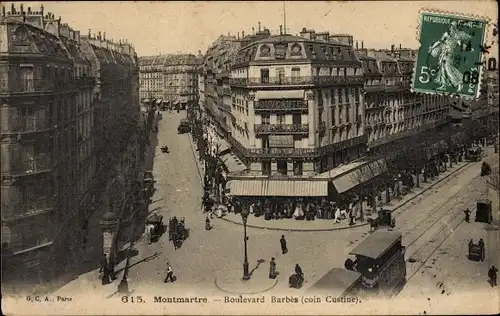 Ak Paris XVIII Montmartre, Boulevard Barbès, coin Custine, Tramway