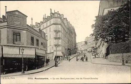 Ak Paris XVIII Montmartre, la Rue Ravignan, Rue due vieux chemin, Bar Vins Café