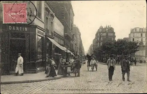 Ak Paris XI, Rue DenkmalAngoulême et Rue des Trois Couronnes, Straßenhändler, Geschäfte