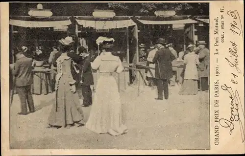 Ak Paris XVI, Bois de Boulogne, Hippodrome de Longchamp, Grand Prix de Paris 1901, le Pari mutuel