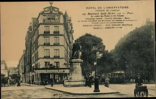 Ak Paris V, Boulevard Saint-Michel, Hotel de l'Observatoire, Tramway, Statue J. B. Caventou