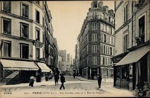Ak Paris XVII., Rue Gauthey prise de la Rue de Balagny, Geschäfte