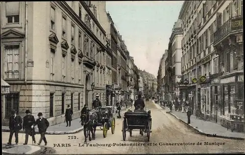 Ak Paris IX, Faubourg Poissonnière, Conservatoire de Musique, Pferdekutschen