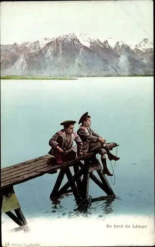 Ak Genf Kanton Schweiz, Lac Leman, Bord, Brücke, Zwei Jungen in Tracht