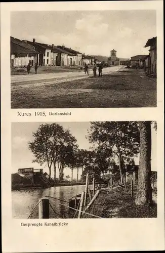 Ak Xures Meurthe et Moselle, Dorfansicht, Gesprengte Kanalbrücke