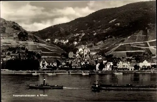 Ak Assmannshausen Rüdesheim am Rhein, Blick übers Wasser zum Ort, Dampfer