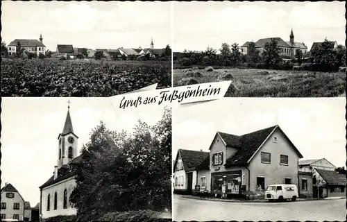 Ak Fußgönheim, Totalansicht des Ortes, Kirche, Buchhandlung