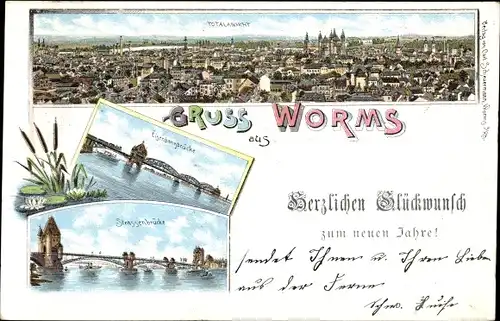 Litho Worms am Rhein, Gesamtansicht, Eisenbahnbrücke, Straßenbrücke