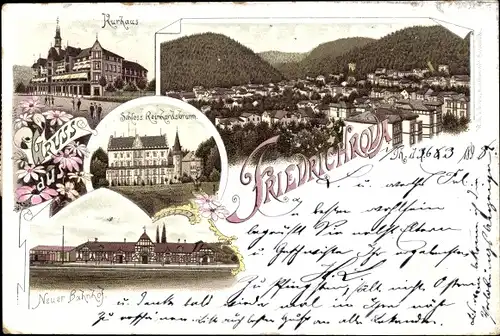 Litho Friedrichroda im Thüringer Wald, Kurhaus, Totale, Schloss Reinhardsbrunn, Bahnhof