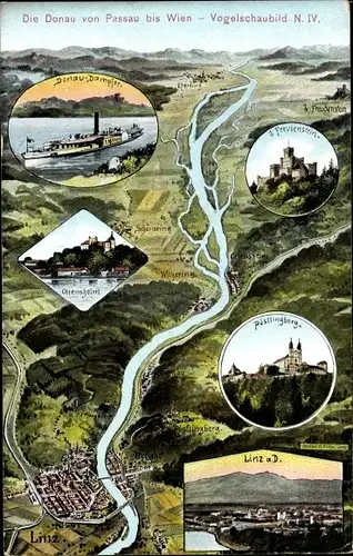 Landkarten Künstler Ak Felle, Eugen, Linz in Oberösterreich, Donau von Passau bis Wien