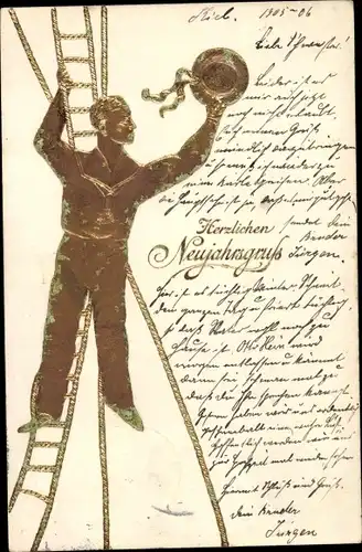 Präge Litho Glückwunsch Neujahr, Seemann auf einer Strickleiter