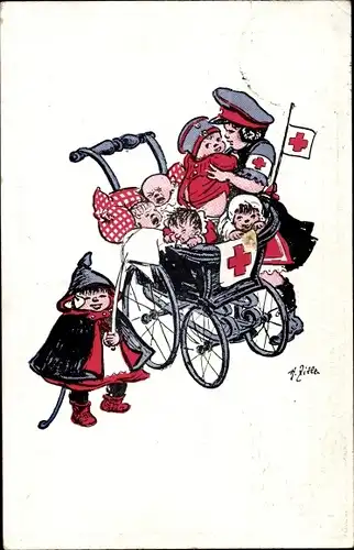 Künstler Ak Zille, Heinrich, Kinder, Kinderwagen, Rotes Kreuz