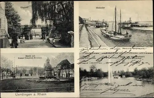 Ak Uerdingen Krefeld am Niederrhein, Stadtpark, Kaiser Friedrich Brunnen, Rheintor, Rheinufer