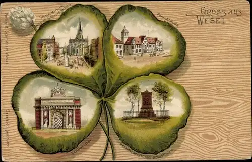 Kleeblatt Litho Wesel am Niederrhein, Postgebäude, Schill Denkmal, Berliner Tor, Markt, Rathaus
