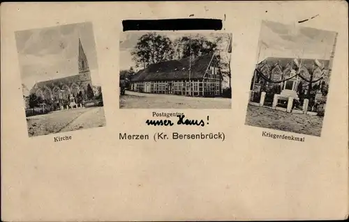 Ak Merzen Neuenkirchen Niedersachsen, Kriegerdenkmal, Postagentur, Kirche
