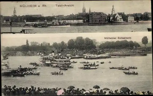 Ak Mülheim Köln Nordrhein Westfalen, Totalansicht, Mülheimer Gottestracht, Ruderboote